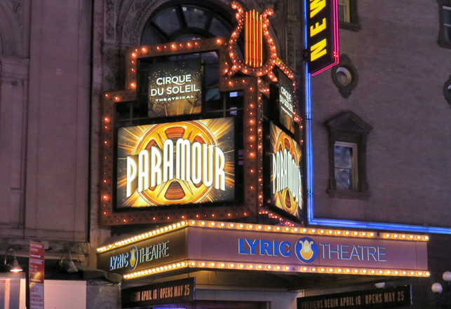 Night shot of the Broadway show Paramour by Cirque du Soleil at the Lyric Theatre in New York Cit...