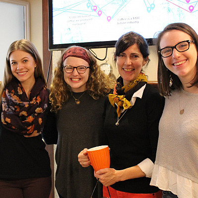 Dr. Feilla (fourth from left) at her Fall 2018 Coffeehouse Pop Up museum
