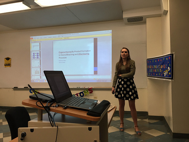 Katherine Ness, a senior Biomedical Sciences major, defended her thesis on by-product formation in ozone bleaching.