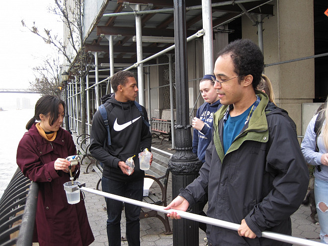 Students in Prof. Leri's Chemistry and the Environment (CHEM/ENV 105) class conduct water quality testing on the East River.