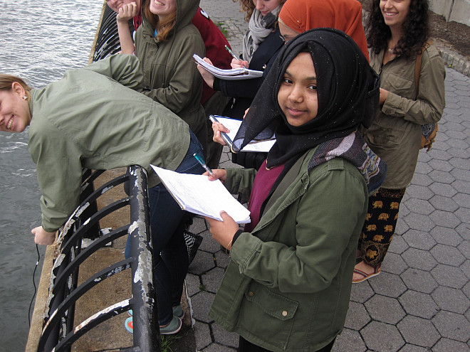 Students in Prof. Leri's Chemistry and the Environment (CHEM/ENV 105) class conduct water quality testing on the East River.