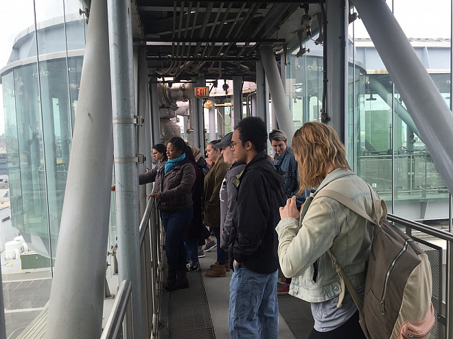 Exploring the top of the digester eggs at the Newtown Creek Wastewater Treatment Plant.