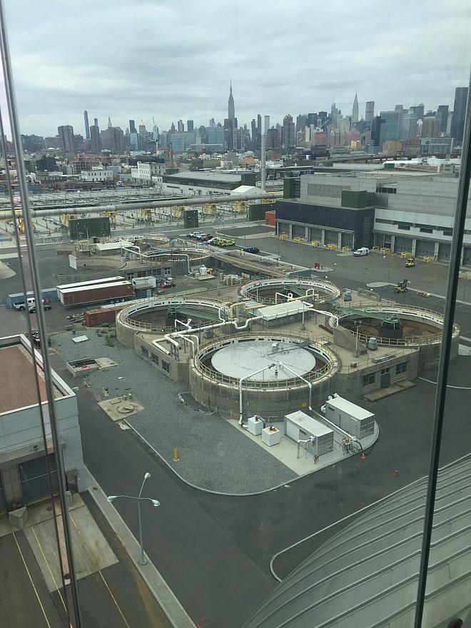 View from the top of the digester eggs at the Newtown Creek Wastewater Treatment Plant.