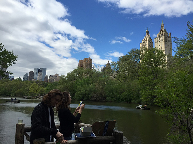 Prof. Leri's Chemistry and the Environment (CHEM/ENV 105) students measure water quality in The Lake in Central Park's Ramble.