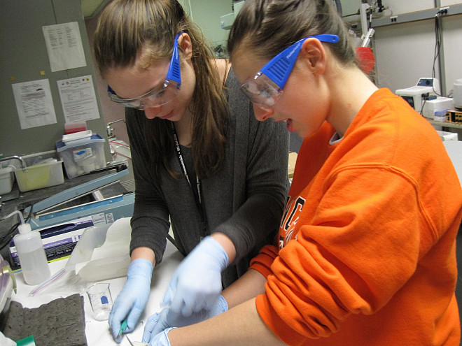 Katie and Marisa making samples in the prep lab.