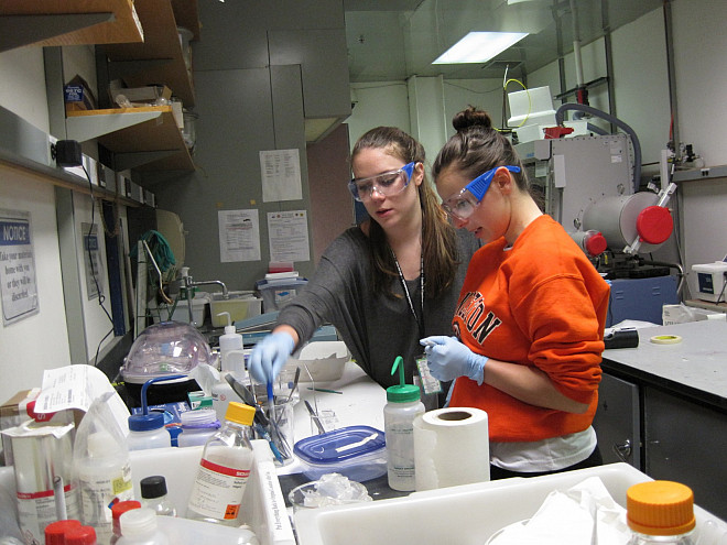 Katie and Marisa making samples in the prep lab.