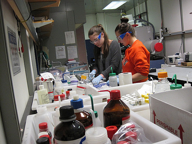 Katie and Marisa making samples in the prep lab.