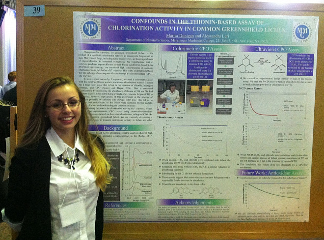 Marisa Dunigan presented her poster, Confounds in the Thionin-Based Assay of Chlorination Activity in Common Greenshield Lichen, in the B...
