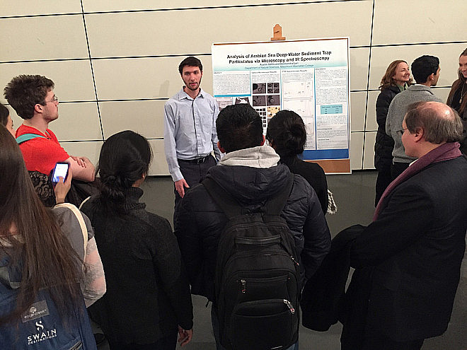 Austin Gellis delivers his poster presentation on Analysis of Arabian Sea Deep-Water Sediment Trap Particulates via Microscopy and IR Spe...