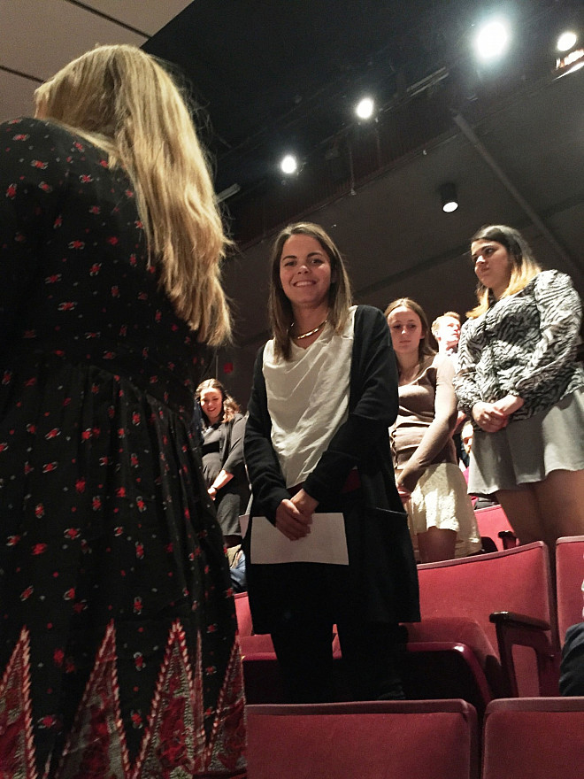 Maria Ordonez stands to receive recognition of her Silver M award at the Senior Awards Ceremony.