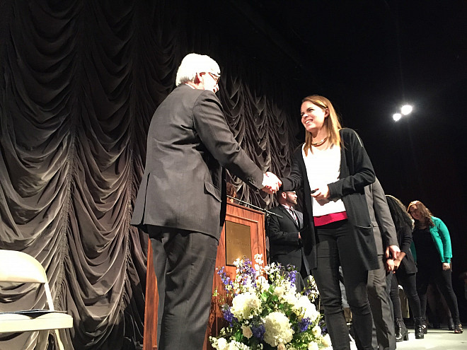 Maria Ordonez receives a Silver M award at the Senior Awards Ceremony.