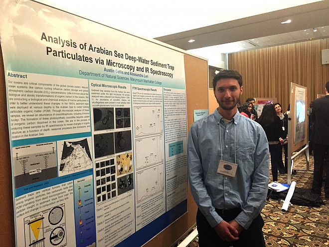 Austin Gellis with his poster on Analysis of Arabian Sea Deep-Water Sediment Trap Particulates via Microscopy and IR Spectroscopy.