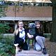 Marisa (left) and Katie (right) pose with the UMBC mascot.