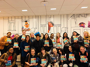 Students in Dr. Nava Silton's Psychology and NYC Seminar courses pose for a photo at Sesame Workshop