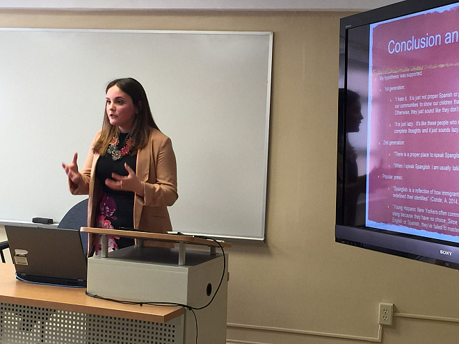 CSD student Sarah Villegas '16 presenting at MMC's Honors Day 2015, faculty sponsor not pictured Dr. Susan Behrens