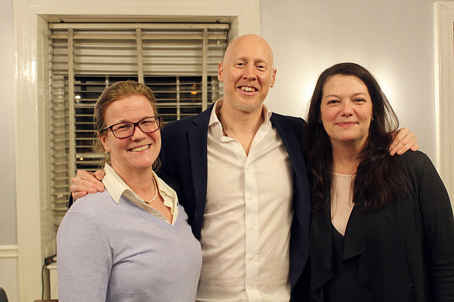 Professors Mueller and Houston pose with film producer Joshua Bennett after screening his documentary Sky and Ground.