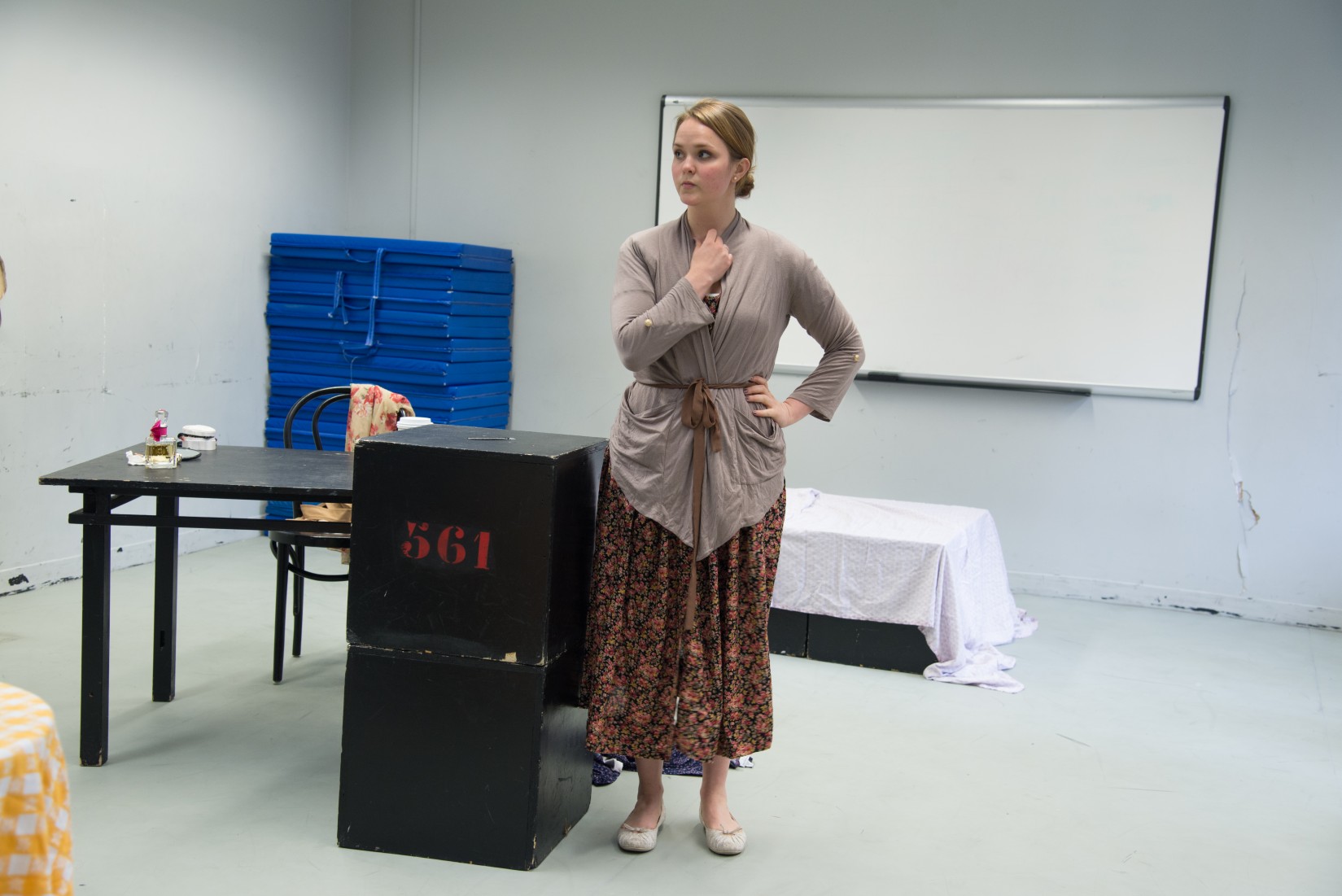 An acting student rehearses a scene