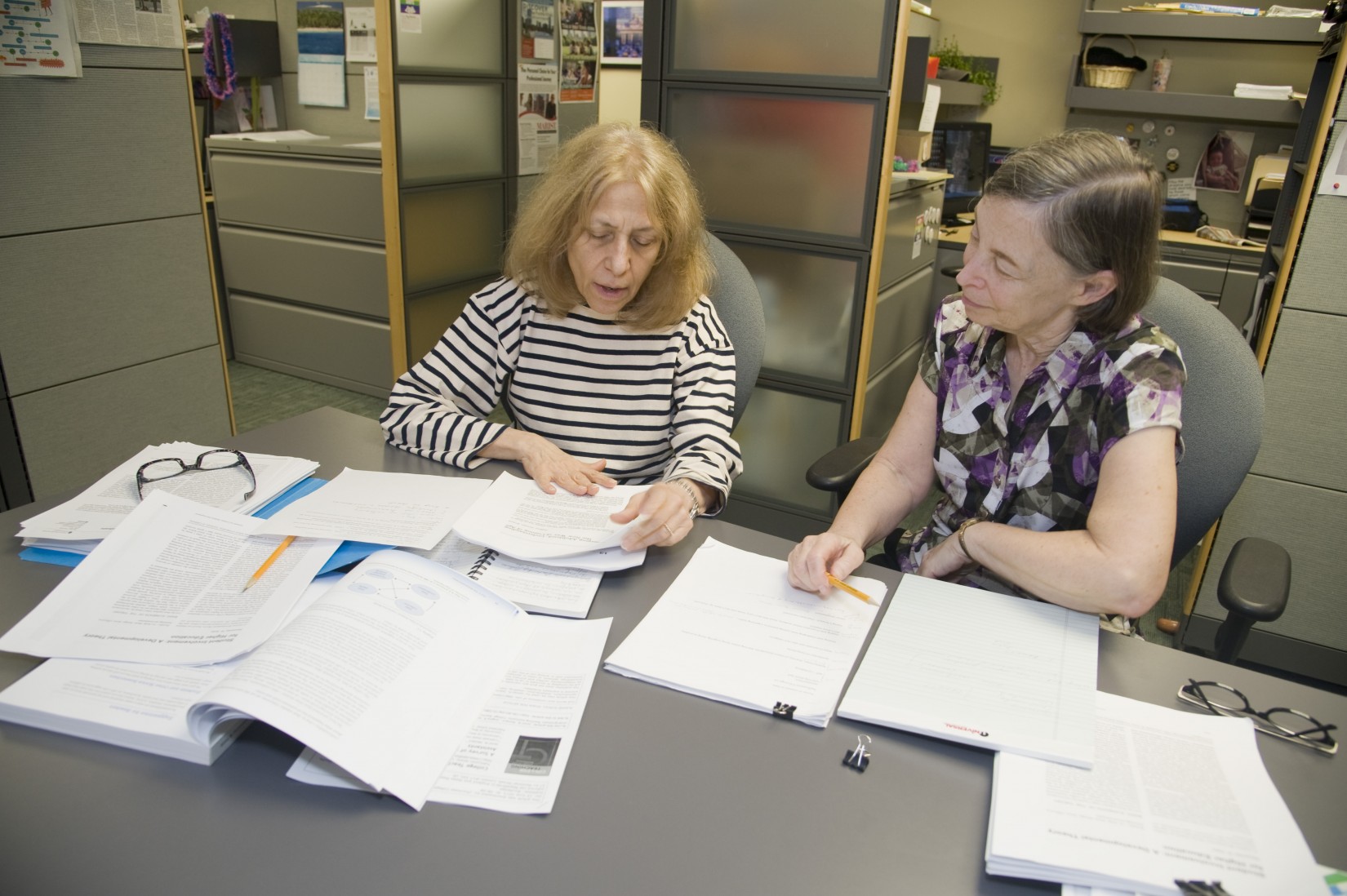 Professors Ann Jablon (CSD) and Linda Solomon (Psychology) work on an interdisciplinary research project