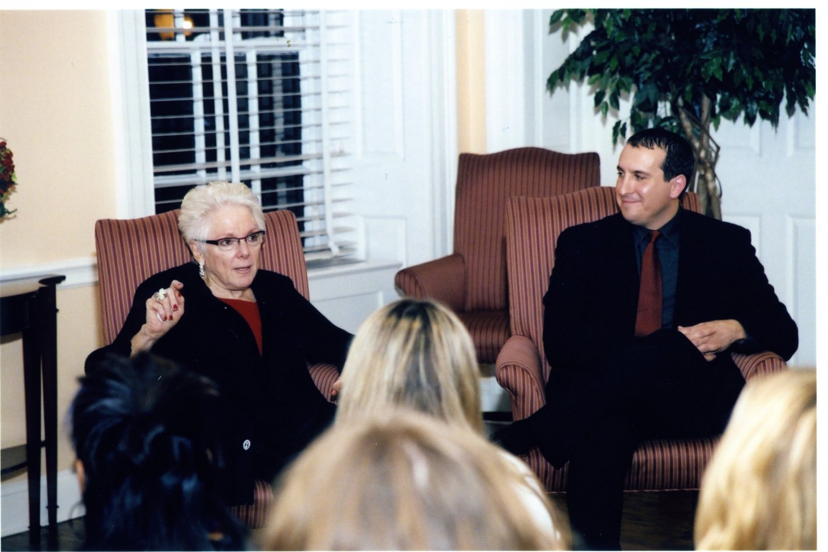 Rudin Lecturer Linda Nochlin speaks with students prior to the November 1, 2004 lecture.  With Art History professor Jason Rosenfeld.