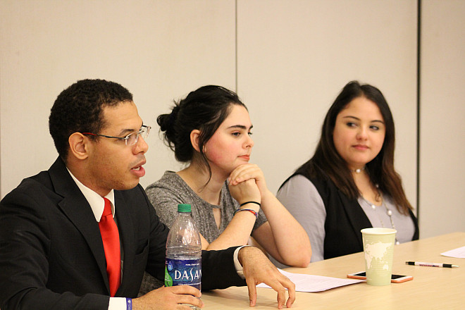 Bruno Cabral '18 answers questions during his senior thesis presentation.