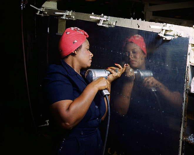 A woman works on a “Vengeance dive bomber plane, Tennessee 1943