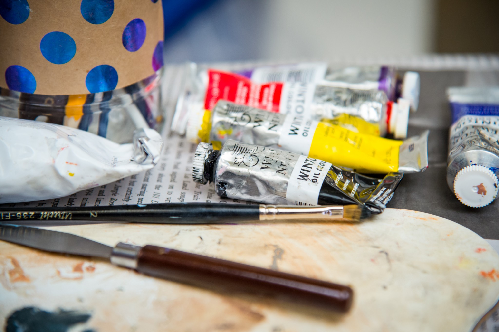 Picture of art tools laid out on the table in the Art Studio