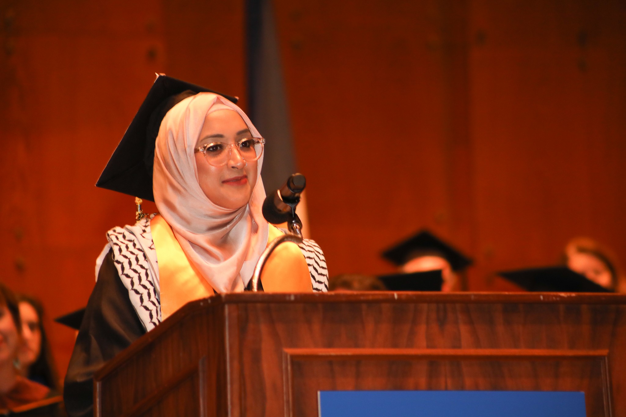 Student giving a speech at Commencement 2017