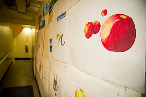 Artwork hanging on a wall in the Art Studio; close-up of a painting of red apples