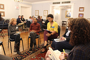 Rebecca Mattis-Pinard leads a break-out group for a discussion on the book, White Fragility, by Robin DiAngelo