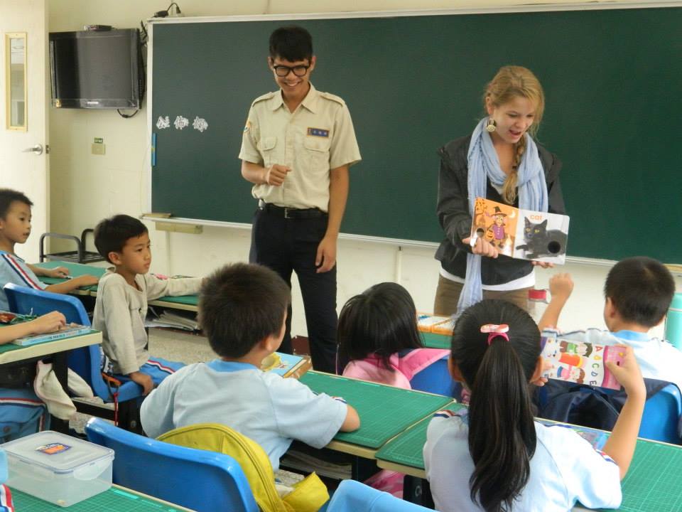 Annabelle Royer, '13, Fulbright Teaching Assistant in Taiwan for AY 2013-14, shown with her b...