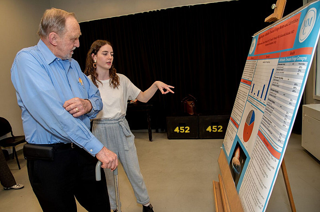 Willa Zimmerman '21 chats with Professor Hank Solomon about her research presentation, College Students' Attitudes Towards Fringe Be...