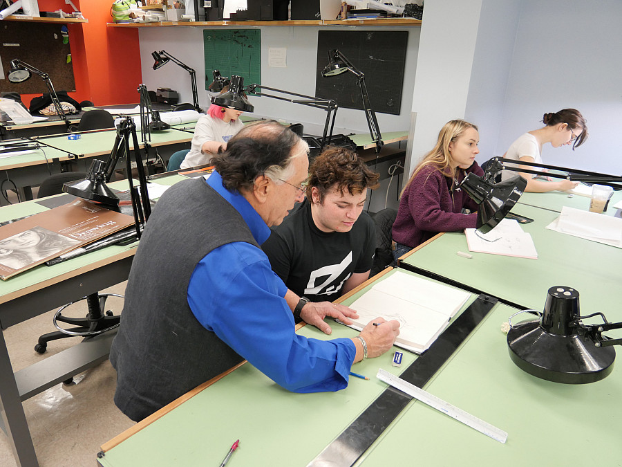 Professor Ray Recht with students in the rendering studio