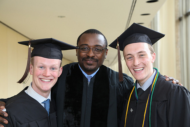 Paul J. Adzima, Jr., Senior Class Speaker, Robert Battle, 2015 Honorary Degree Recipient, and Joseph Hetterly, Valedictorian