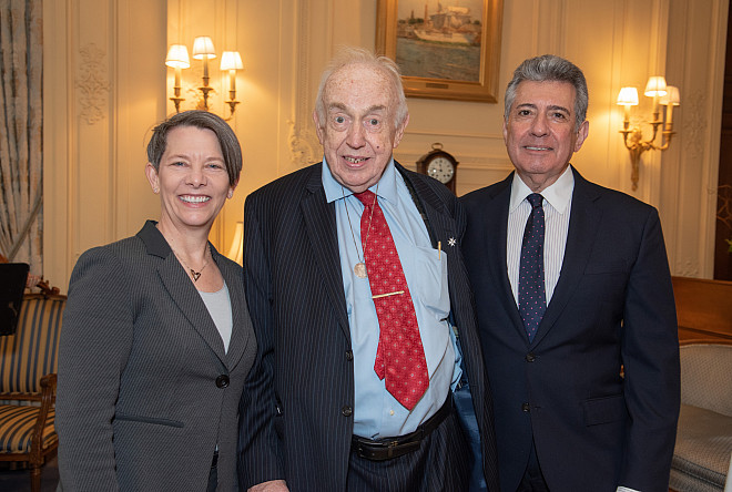 President Kerry Walk, Ph.D., Dean Emeritus Peter H. Baker, and Board Chair Mike Materasso