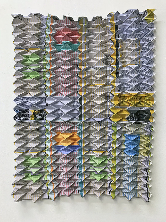 Caleb Nussear, NJ Transit Bergen Line 1st Inversion, Digitally altered and folded train schedule, 23.5 x 18 x 1.5 inches, 2018