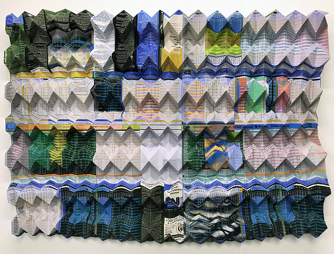 Caleb Nussear, NJ Transit Bergen Line Double Inversion, Digitally altered and folded train schedule, 29 x 42 x 3 inches, 2018