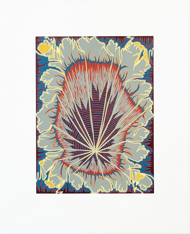 Katia Santibañez and James Siena, Fourhand Choker, Reduction woodcut in 7 colors, 23.5” x 19 2018