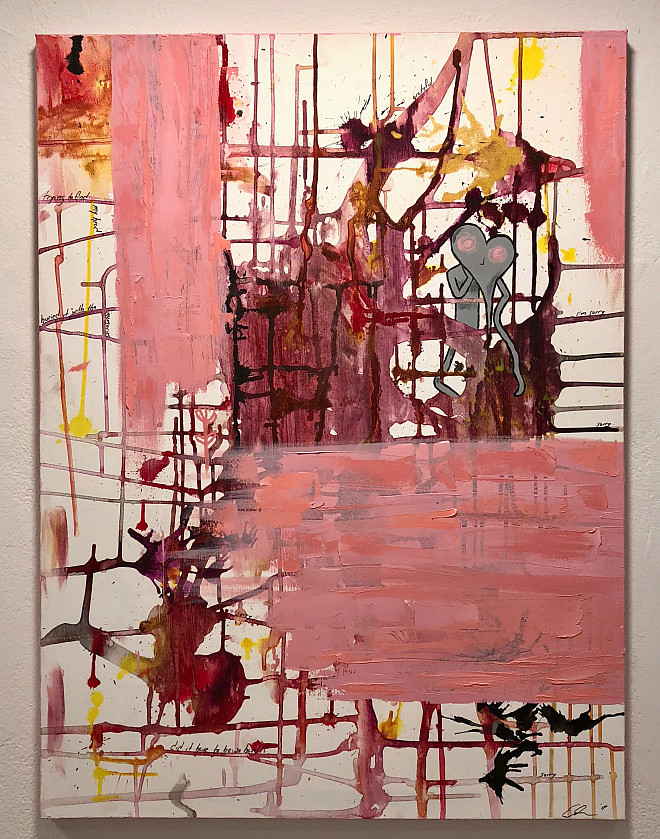Emilea Gardner, through rose-colored glasses, ﻿acrylic, ink and oil paint on canvas