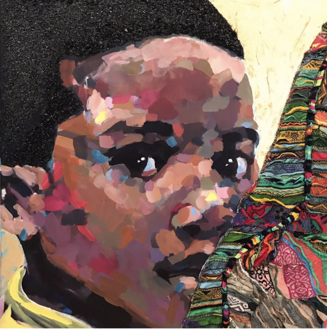 Dawson, Young Meek, Acrylic, gold leaf, asphalt, diamond dust, and Coogi fabric on canvas, 36 x 48”, 2019