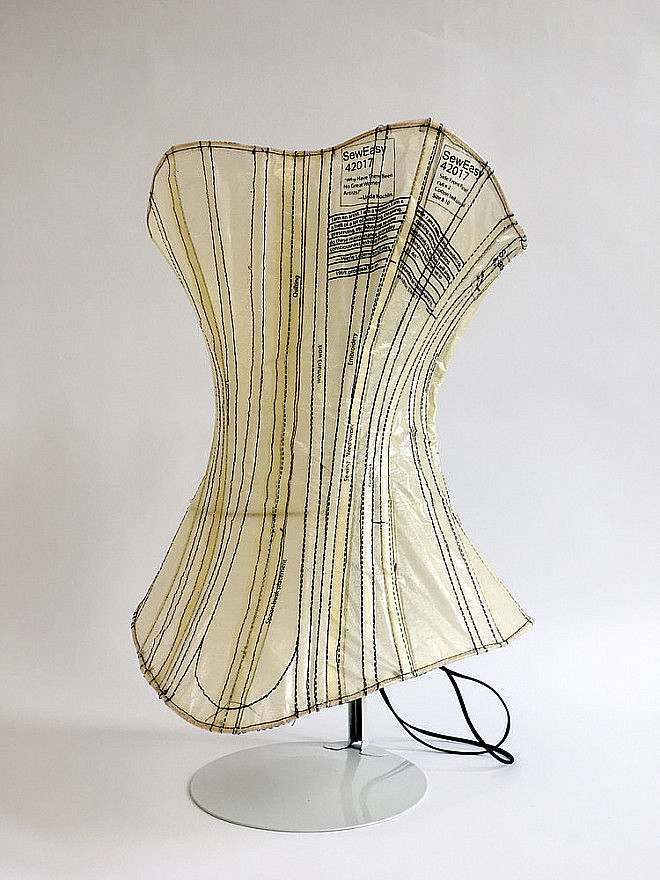 Deler, Corset #7 Woman's Work, Screen print on tissue paper, plastic and metal boning, suede lacing, metal eyelets, copper wire, 14 x 11 ...