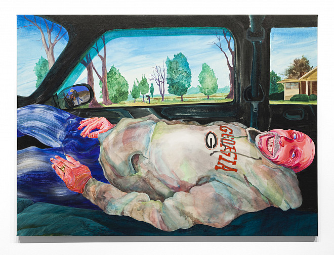 Ellis, Duane Hiding, Acrylic on canvas, 40.5 x 55”, 2019, (Courtesy Charles Moffett Gallery)