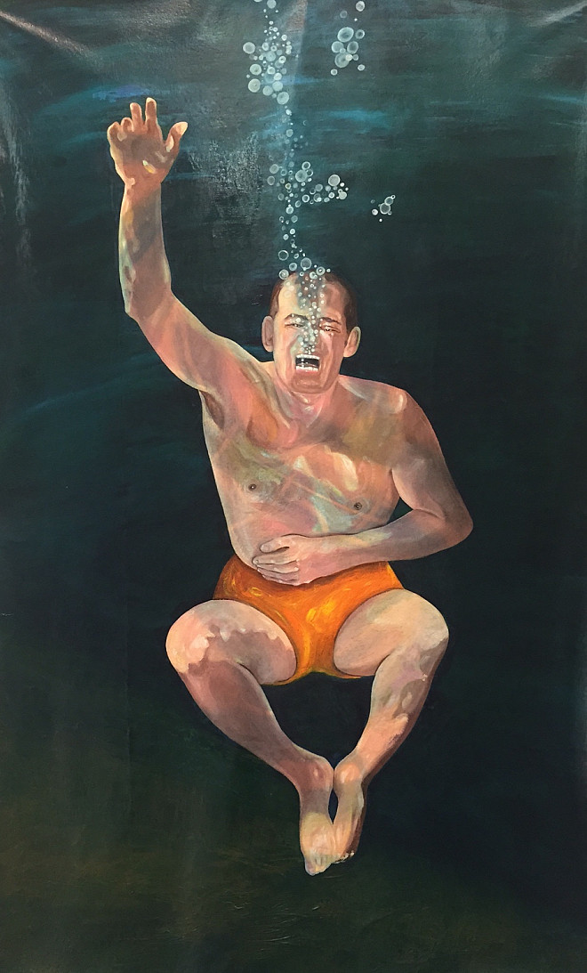 Tewes, Men in Trouble 3,Oil on canvas, 58 x 36”, 2018