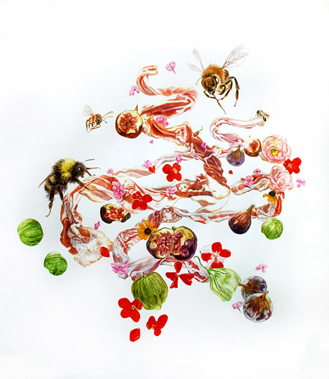 Monika Malewska, Bacon Wreath with Bees and Figs, Watercolor