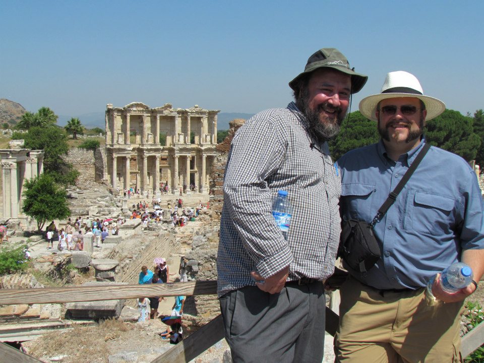 Mark Ring, Professor of Theatre Arts and Rob Dutiel, Associate Professor of Theatre arts, in Greece with students.