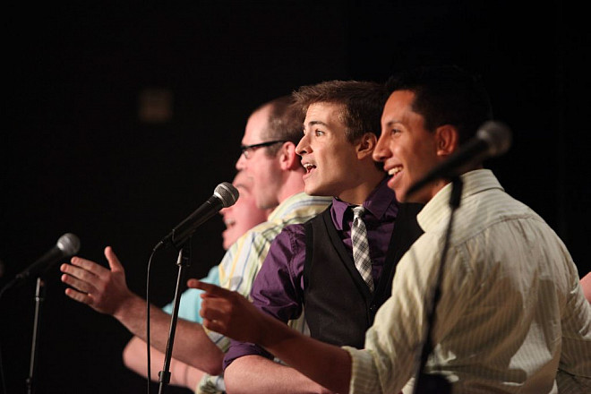 (Foreground L-R) Spencer Wilson '14 and TJ Newton '14 perform Nina with Michael Rodd '15 and Patrick Heavey '12.