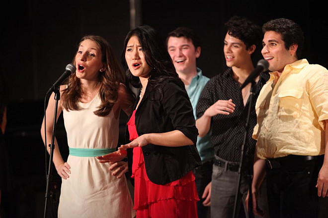 (Foreground L-R) Josephine Patane '12 and Marika Abe '13 perform London Medley with (Background L-R) Michael Rodd '15, Spe...